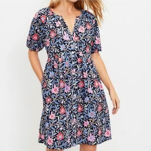 LOFT Multicolor Spring Bloom Button Front Swing Dress With Pockets